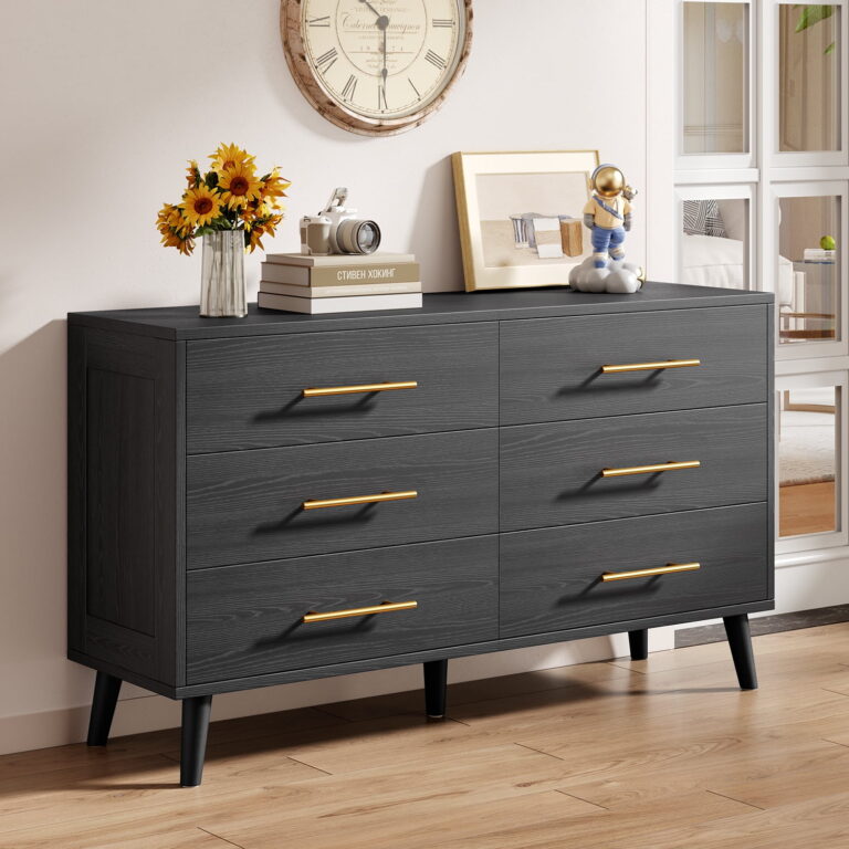 Bedroom Furniture Set – Includes Queen Bed Frame, Nightstands Set of 2, 5-Drawer Dresser ; Double Wide 6-Drawer Dresser – Modern Storage Solution for Stylish Home Decor, Black