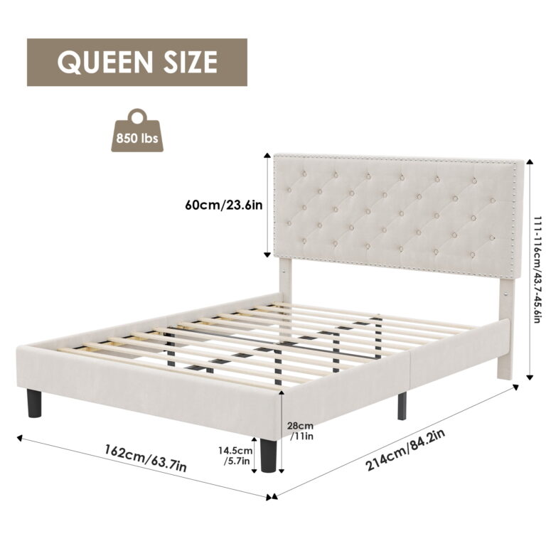Homfa Queen Size Bed, Modern Upholstered Platform Bed Frame with Adjustable Headboard for Bedroom, Beige