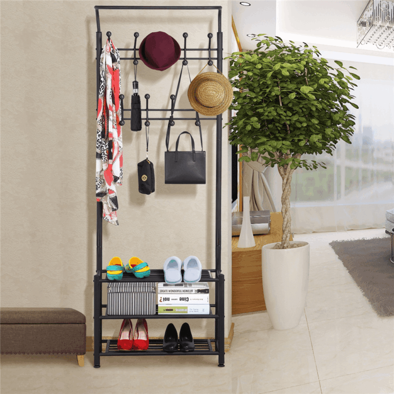 Alden Design Metal Multipurpose Entryway Hall Tree with 3-Tier Shoe Rack, Black