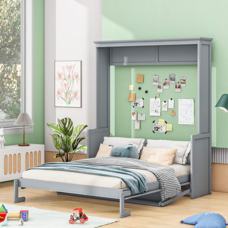 Euroco Queen Size Murphy Bed with Desk and Shelves, Convertible Wall Bed into Cabinet for Living Room, Easy Open and Close, Gray
