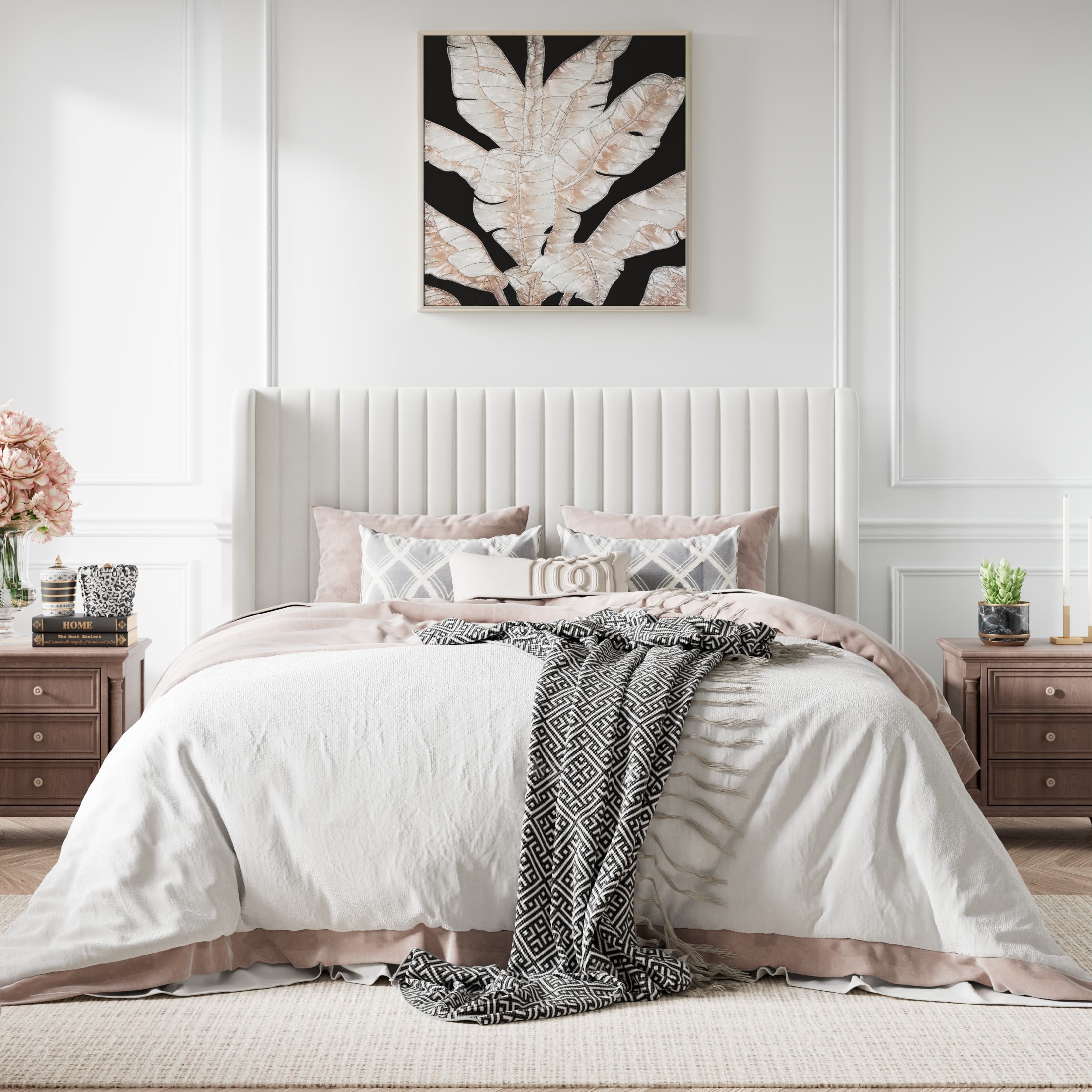Amolife Full Size Velvet Upholstered Bed with Wingback Headboard, Off-white
