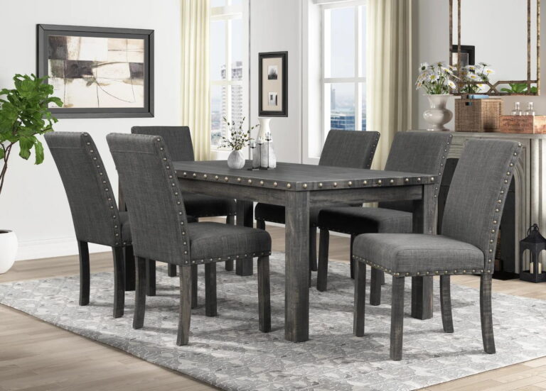 Dark Gray Nailhead Trim Accents Dining Table Set 7 Pcs McFerran D806 Traditional