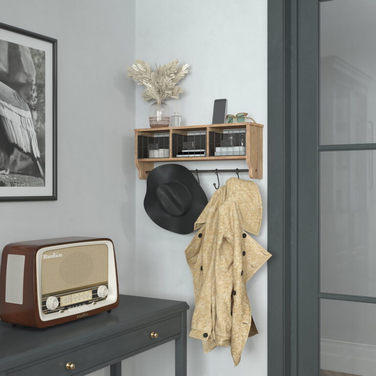 Flash Furniture Daly Rustic Rectangle Wood Coat Rack with Shelf/Storage, Rustic Brown