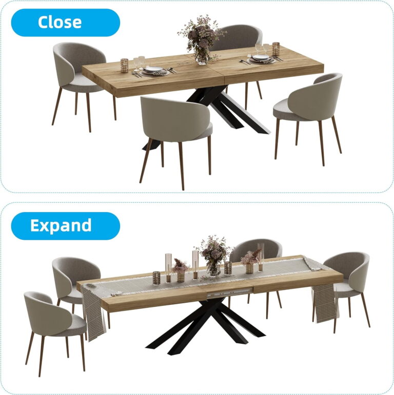 PAKASEPT Modern Dining Table for 6-8 Person, Extendable Dining Room Table Mid-Century Space-Saving Kitchen&Dining Room Sets with Hidden Storage for Home Kitchen Furniture