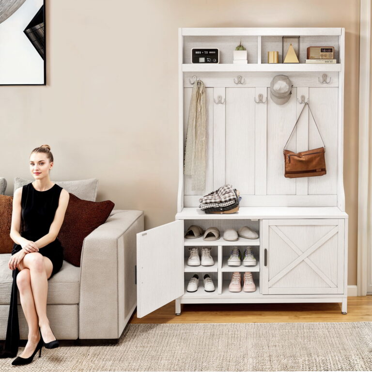 Uforic Farmhouse Hall Tree, 4-in-1 Coat Rack with Storage Bench, White Shoe Cabinet for Hallway, Living Room