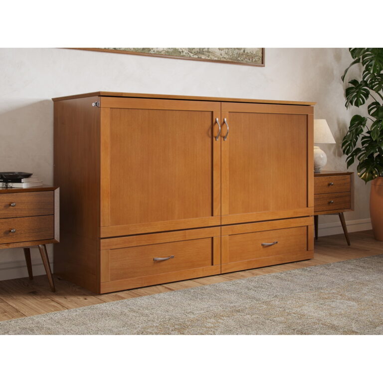 Hamilton Queen Wood Murphy Bed Chest with Mattress and Storage in Light Toffee