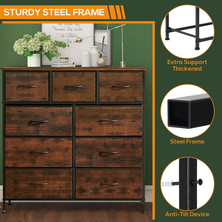 9 Drawer Dresser, Wide Chest Of Drawers Nightstand Storage Tower Storage Dresser Fabric Dresser With Wood Top for Living Room, Bedroom, Hallway, , Rust