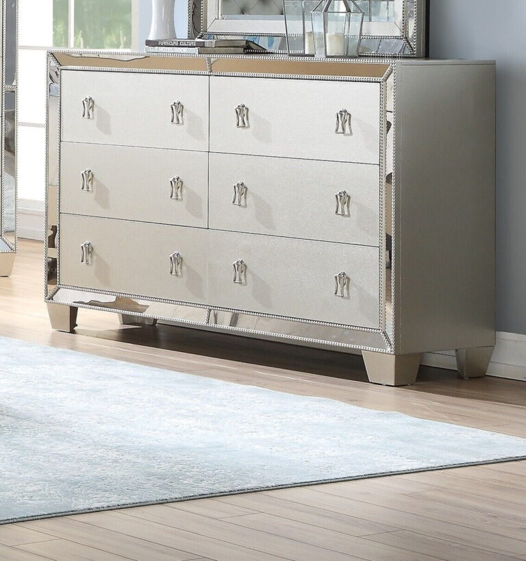 Esofastore Contemporary Bedroom Furniture Queen Size Bed 2x Nightstand Mirror Dresser Chest 6pcs Set Tufted HB FB Silver
