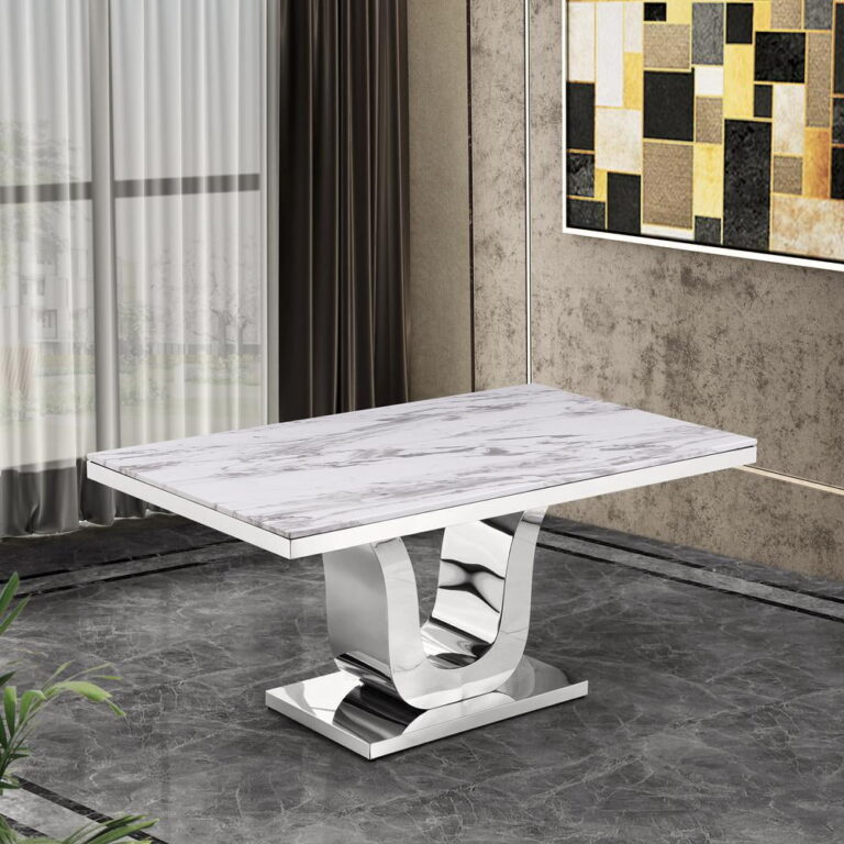 Marble Mixed Dining Set with Silver Stainless Steel and Navy Velvet Chairs