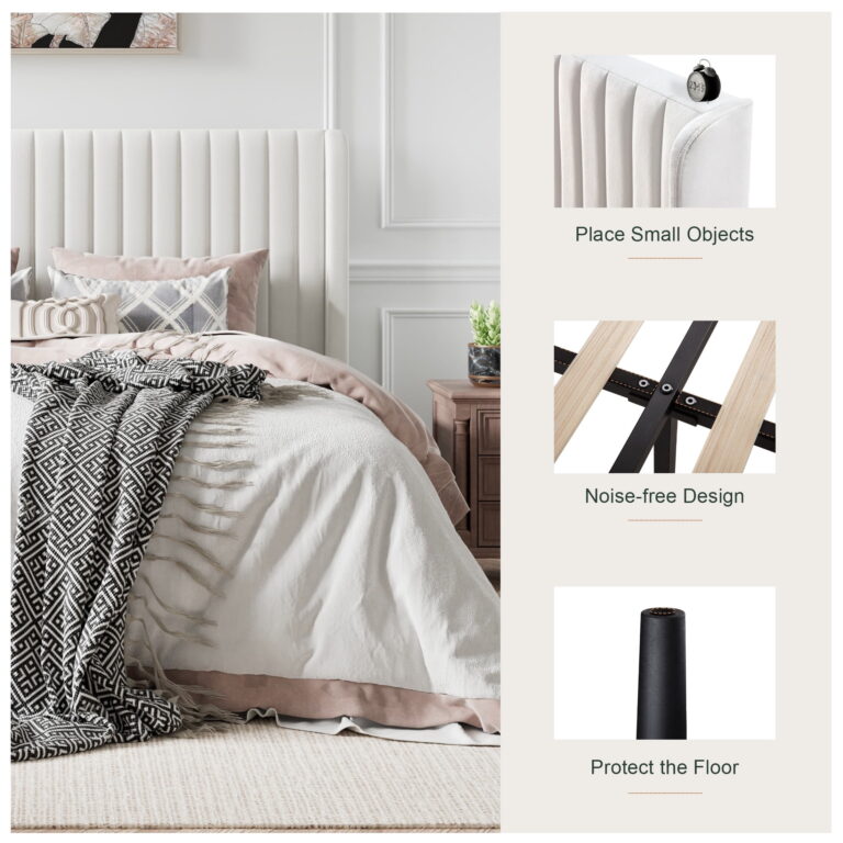 Amolife Full Size Velvet Upholstered Bed with Wingback Headboard, Off-white