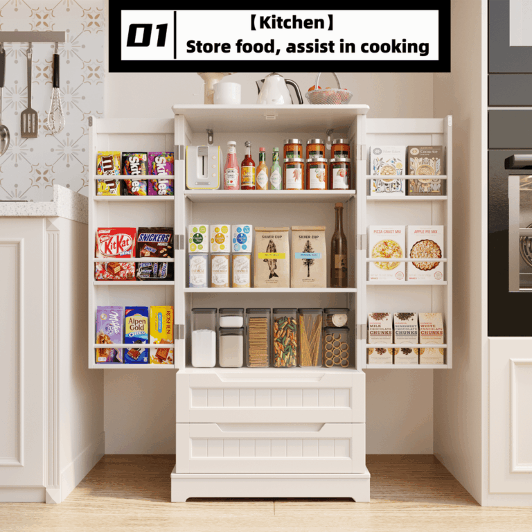 Aiho 47&quote; H Kitchen Pantry Cabinet with 2 Doors and 2 Drawers, Solid & Sturdy, Storage Cabinet for Entryway, Kitchen – White