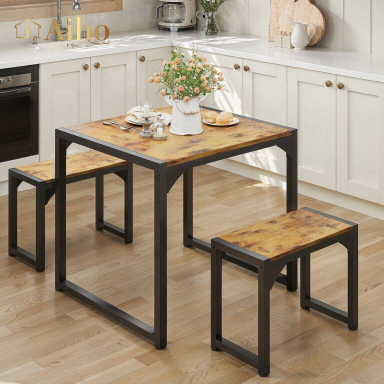 Aiho 45.5&quote; Dining Table Set for 4, Kitchen Table with 2 Benches, Wood Dining Room Dinette Sets with Metal Frame for Breakfast Nook and Small Space – Gray