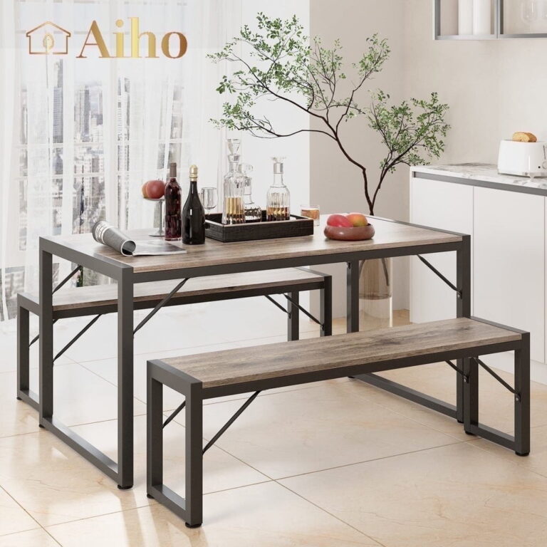 Aiho 45.5&quote; Dining Table Set for 4, Kitchen Table with 2 Benches, Wood Dining Room Dinette Sets with Metal Frame for Breakfast Nook and Small Space – Gray