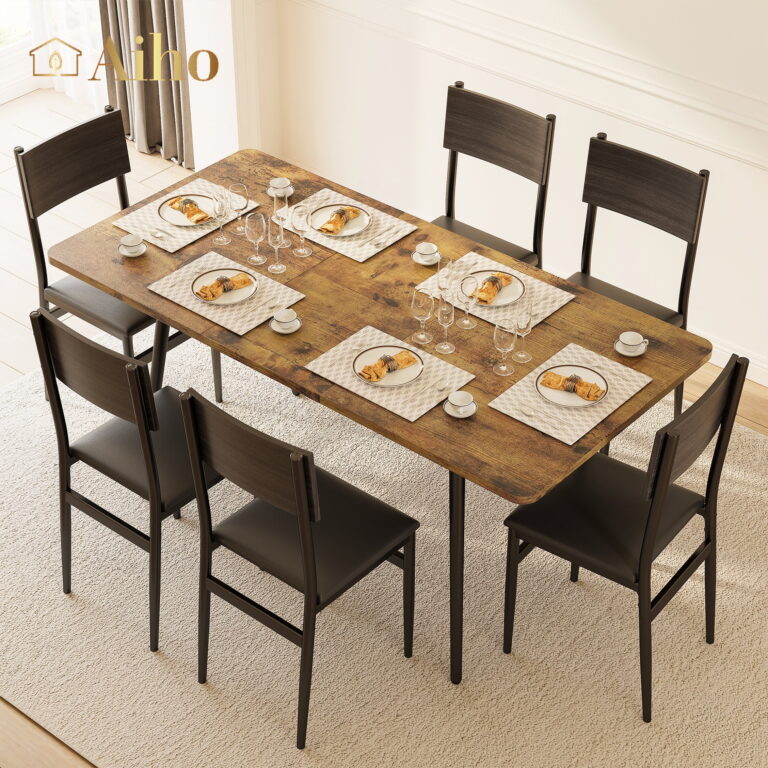 Aiho 63&quote; Extendable Dining Table Set for 4-6 People, 7-Piece Large Dining Table Set With 6 Chairs, Retro