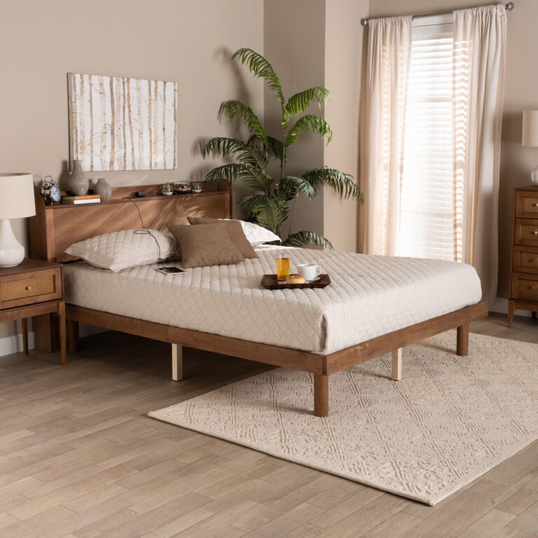 DG Casa Vandermark Queen Bed Frame – Solid Wood | Walnut Finish | Easy Install Queen Bed Frame with Unique Headboard and Wooden Slat Support Included | No Box Spring Required – Beige