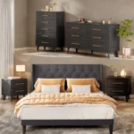 Bedroom Furniture Set - Includes Queen Bed Frame, Nightstands Set of 2, 5-Drawer Dresser ; Double Wide 6-Drawer Dresser - Modern Storage Solution for Stylish Home Decor, Black
