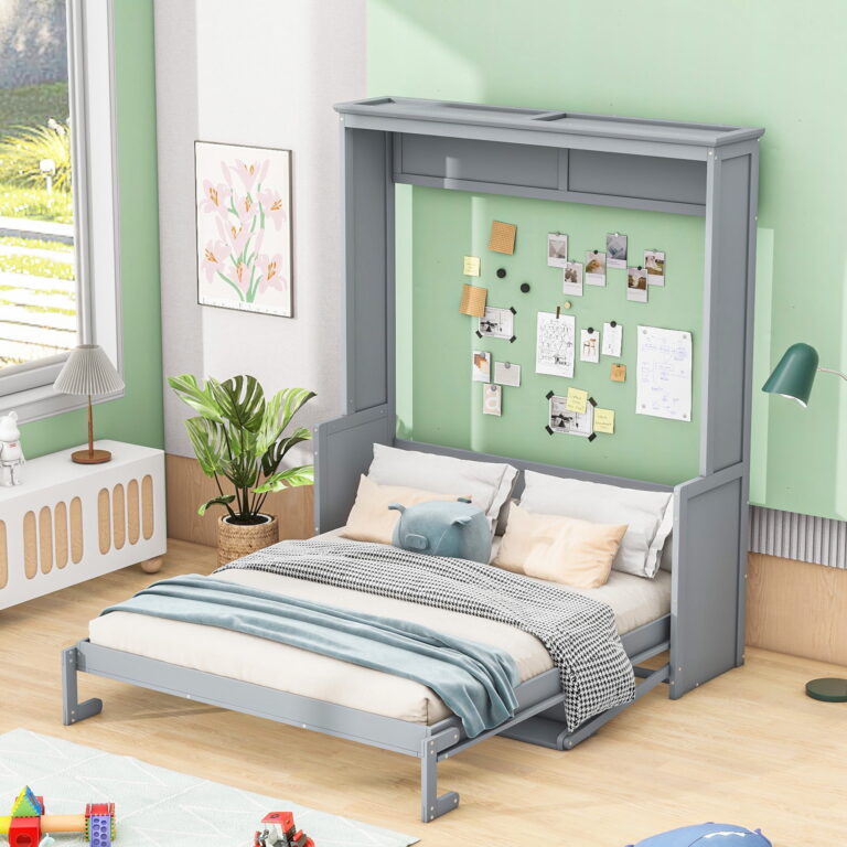 Euroco Queen Size Murphy Bed with Desk and Shelves, Convertible Wall Bed into Cabinet for Living Room, Easy Open and Close, Gray