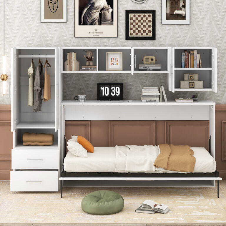 Euroco Twin Size Murphy Bed with Shelves and Cabinets, Built-in Desktop and Wardrobe, White