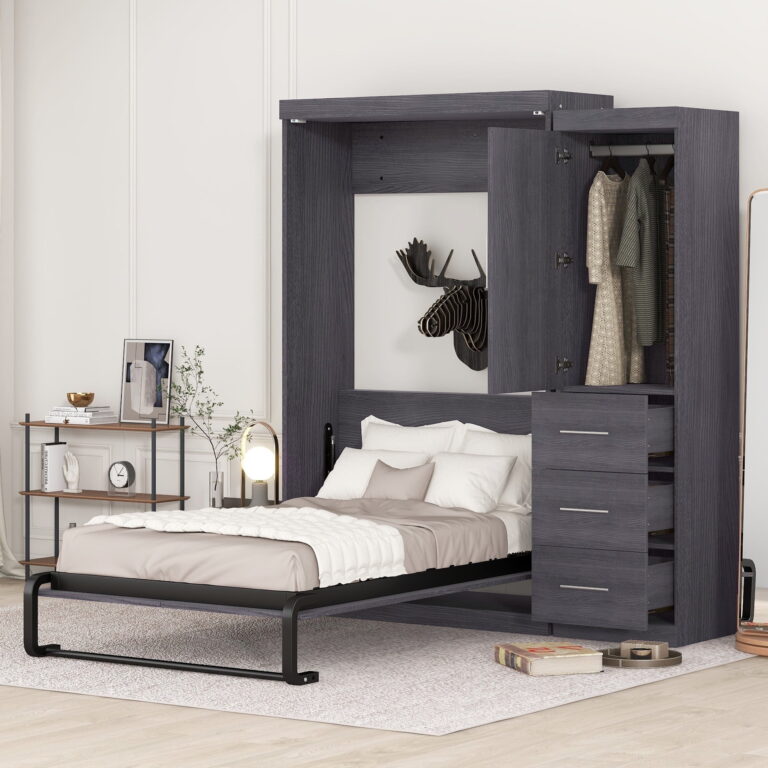 Euroco Wood Twin Size Murphy Wall Bed with Wardrobe and Drawers Moveable Wardrobe and Drawers, Easy Open and Close, Gray
