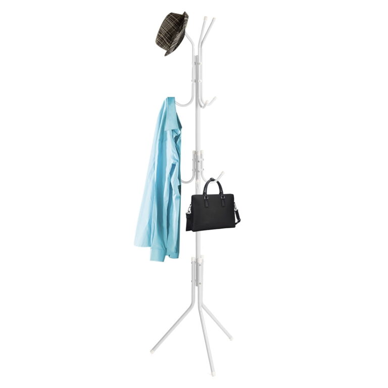 HONEIER 9 Hooks Coat Rack Stand Simple Freestanding Standing Coat and Hat Hanger Organizer Rack, Black, White