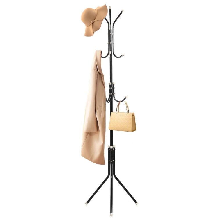 HONEIER 9 Hooks Coat Rack Stand Simple Freestanding Standing Coat and Hat Hanger Organizer Rack, Black, White
