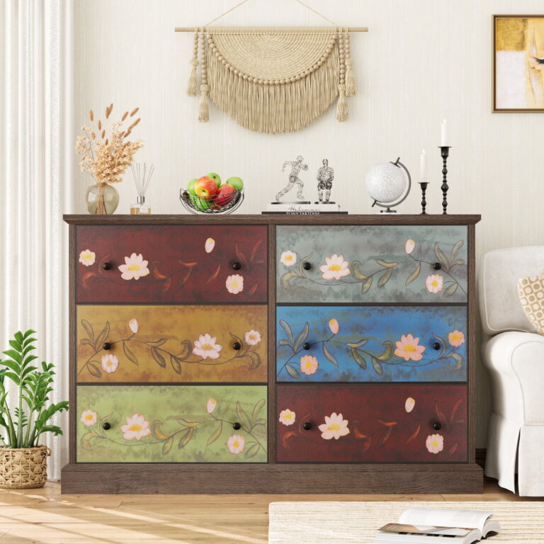 Homfa 6-Drawer Dresser for Bedroom, Boho Farmhouse Style Wood Storage Cabinet for Living Room Entryway, Rustic Brown