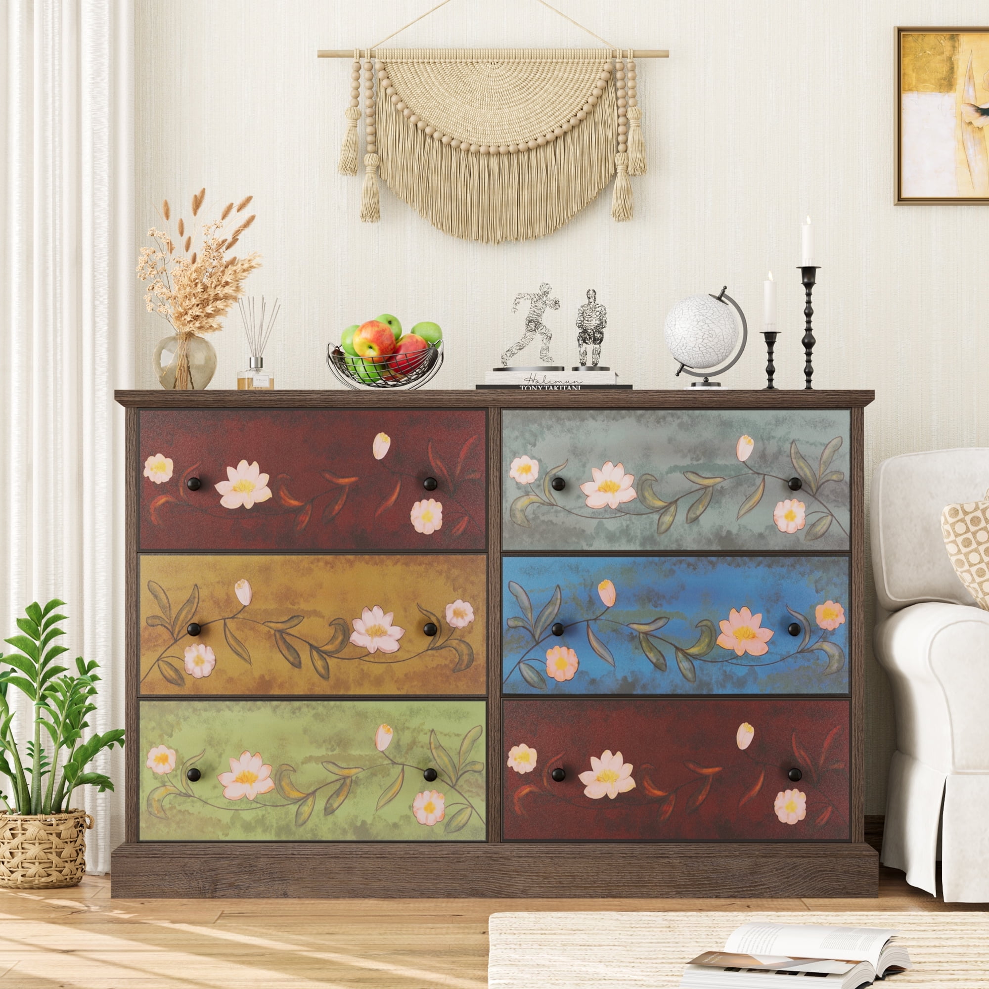Homfa 6-Drawer Dresser for Bedroom, Boho Farmhouse Style Wood Storage Cabinet for Living Room Entryway, Rustic Brown