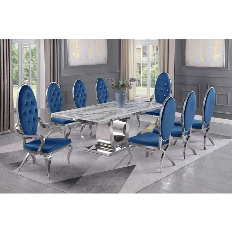 Marble Mixed Dining Set with Silver Stainless Steel and Navy Velvet Chairs