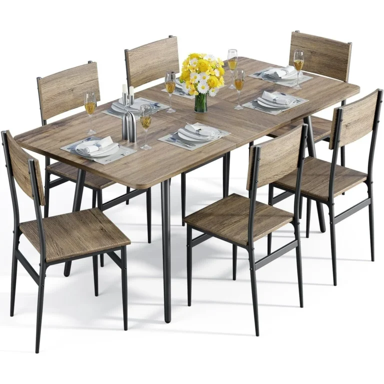 Noelse 63&quote;Extendable Dining Table Set for 4-6 People, 7 Piece Kitchen Table Set with 6 Chairs for Small Spaces, Apartments, Rustic Brown