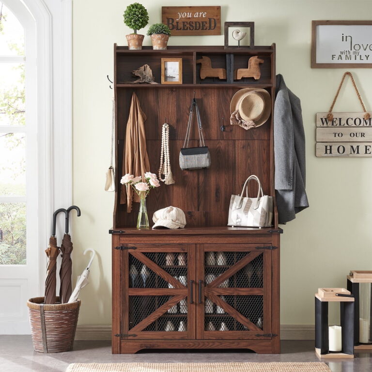 T4TREAM Farmhouse Hall Tree with Bench and 20 Shoe Storage, Entryway Bench with Sliding Barn Door, and 12 Coat Hooks, White