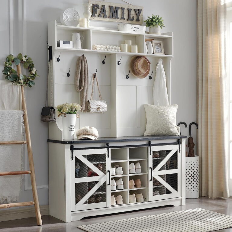 T4TREAM Farmhouse Hall Tree with Bench and 20 Shoe Storage, Entryway Bench with Sliding Barn Door, and 12 Coat Hooks, White