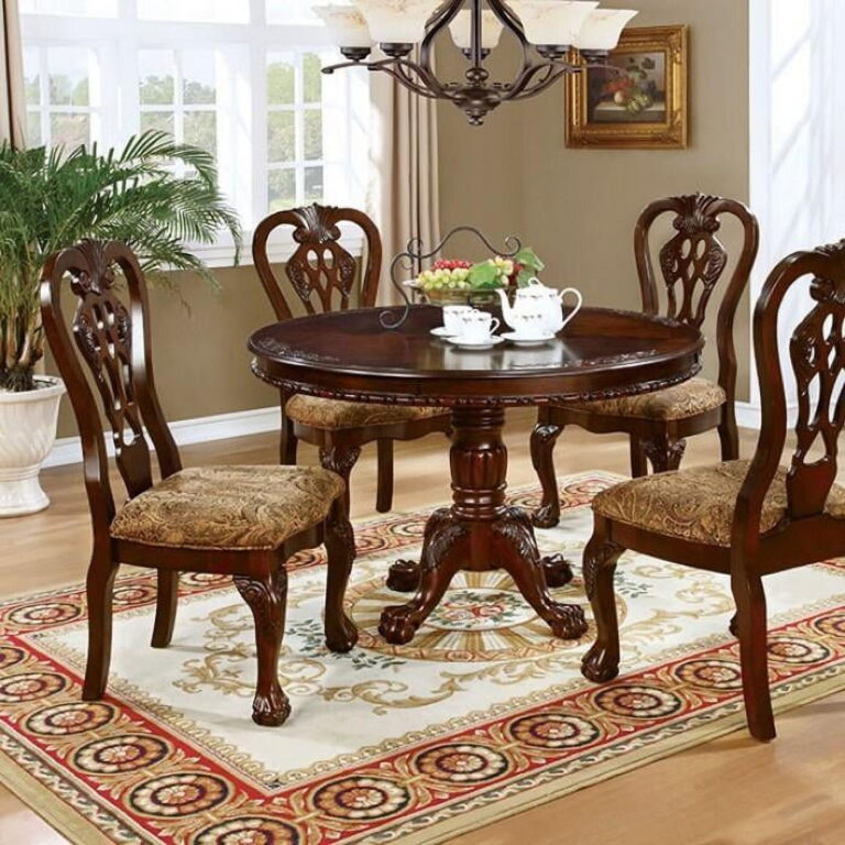 Traditional Brown Cherry Solid Wood Round Dining Table Set 5pcs FOA Elana