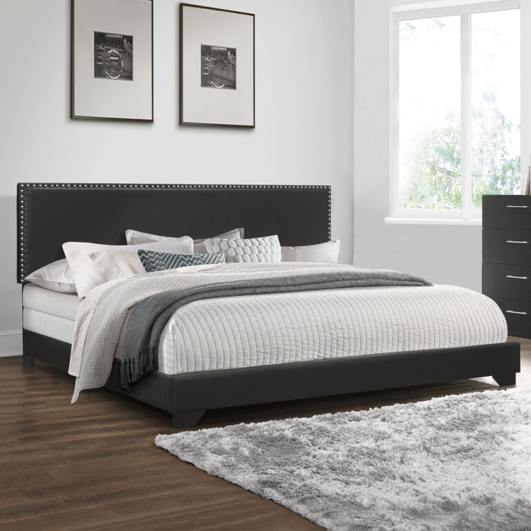 Willow Nailhead Trim Upholstered Queen Bed, Charcoal Fabric