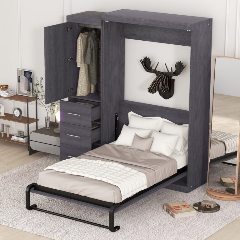 Euroco Wood Twin Size Murphy Wall Bed with Wardrobe and Drawers Moveable Wardrobe and Drawers, Easy Open and Close, Gray
