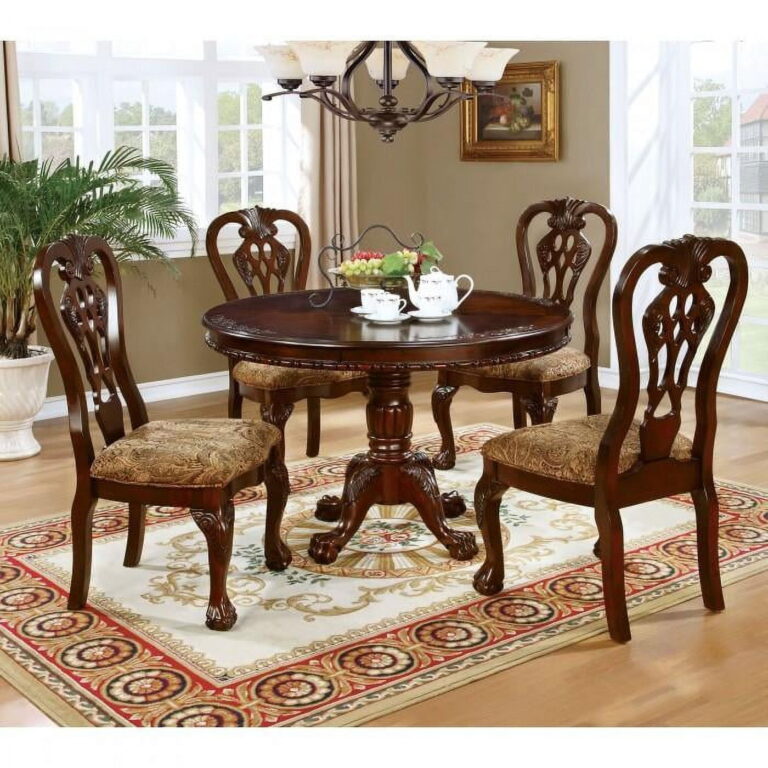 Traditional Brown Cherry Solid Wood Round Dining Table Set 5pcs FOA Elana