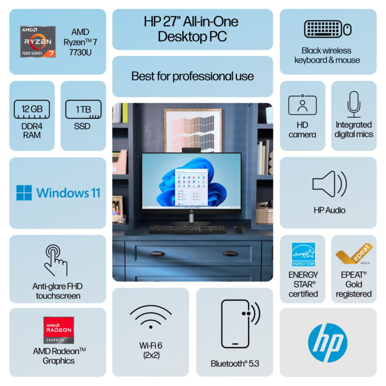 HP 27 inch Touch All-in-One Windows Desktop AMD Ryzen 7-7730U 12GB RAM 1TB SSD Jet Black