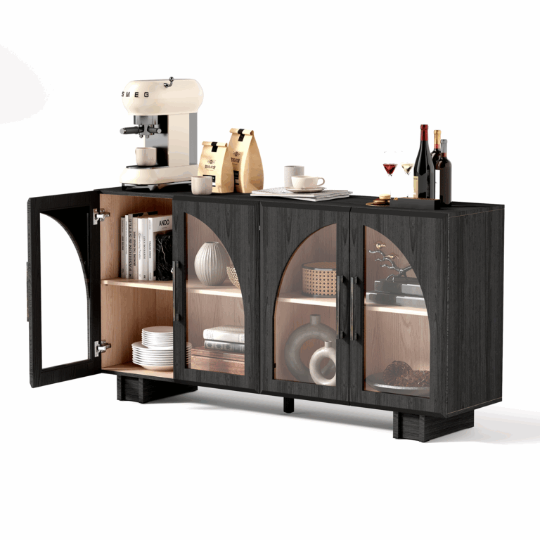 JOINICE Modern Accent Cabinet with Adjustable Shelves and Arched Glass Door,for Living Room,Entryway,Hallway,Dining Room,Black