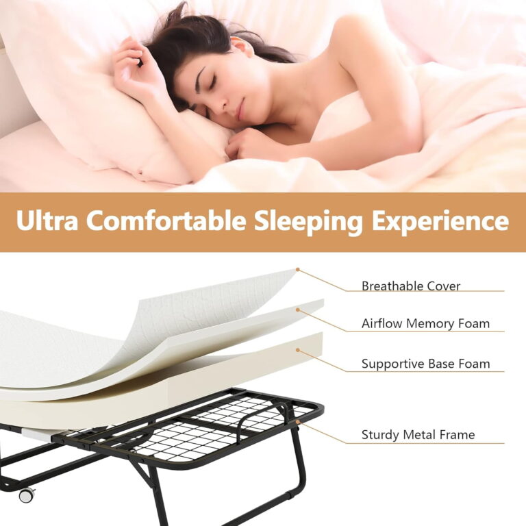 Folding Bed with Mattress – Portable Foldable Roll Away Adults Bed for Guest, 5-Inch Thick Luxurious Memory Foam, Space Saving Fold Up Bed with Dust Proof Cover & Wheels for Easy Storage,75&quote; Dx 31&quote; W