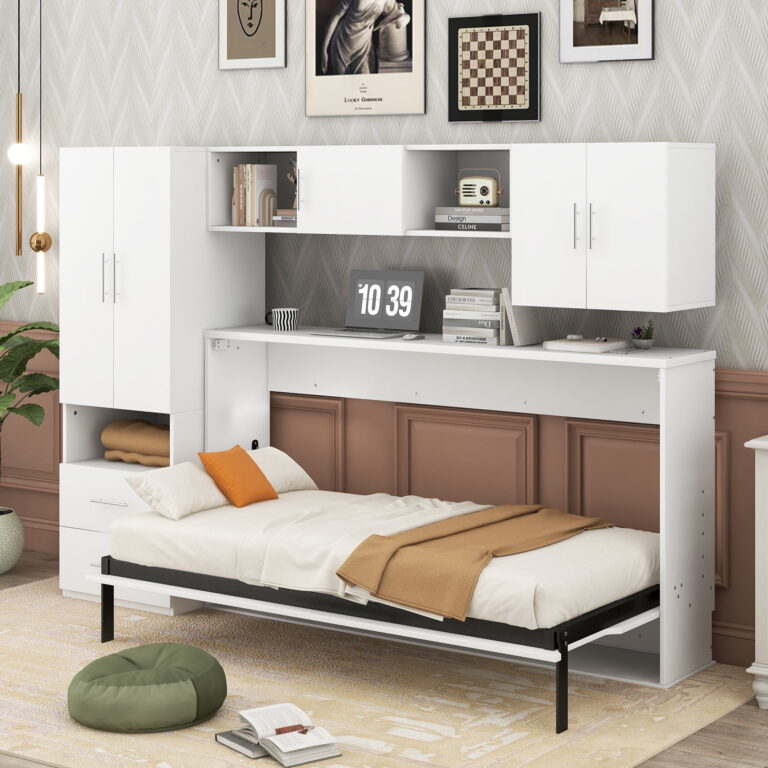Euroco Twin Size Murphy Bed with Shelves and Cabinets, Built-in Desktop and Wardrobe, White