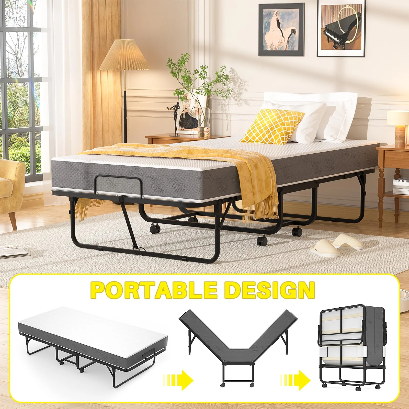 Folding Bed with Mattress, Portable Rollaway Bed for Adults, Sturdy Folded Guest Bed on Wheels, Space Saving Foldable Bed with Memory Foam Mattress, Cot Size Bed for Easy Storage, 75” x 31”