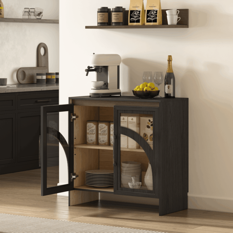 JOINICE Sideboard Cabinet with Adjustable Shelves,Accent Cabinet with Arched Glass Door,for Living Room,Entryway,Dinning Room,Black