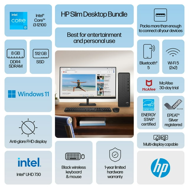 HP 27 inch Monitor & Slim Windows Desktop Bundle Intel Core i3-12100 8GB RAM 512GB SSD Black