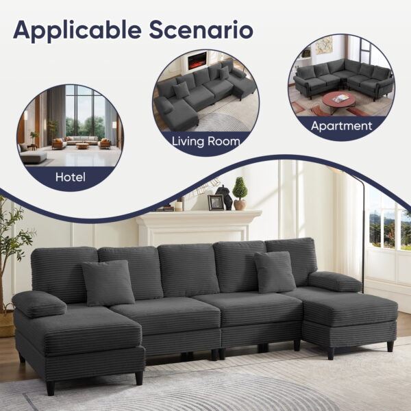 Zafly U shaped sectional sofa couch, Gray, Doubele chaise,
