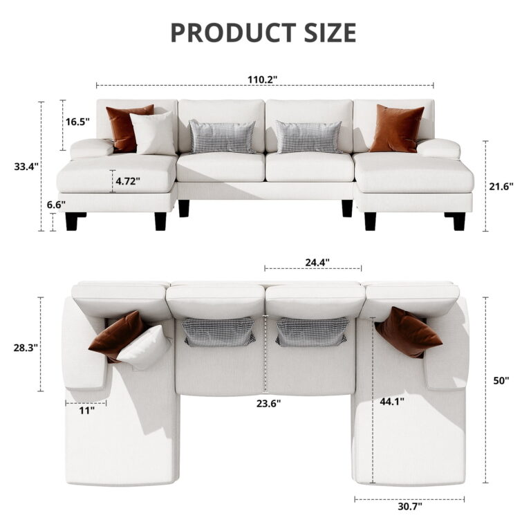Furmax U-Shaped Sectional Sofa with Chaise, 4 Seats Chenille Fabric Sofa for Living room, White
