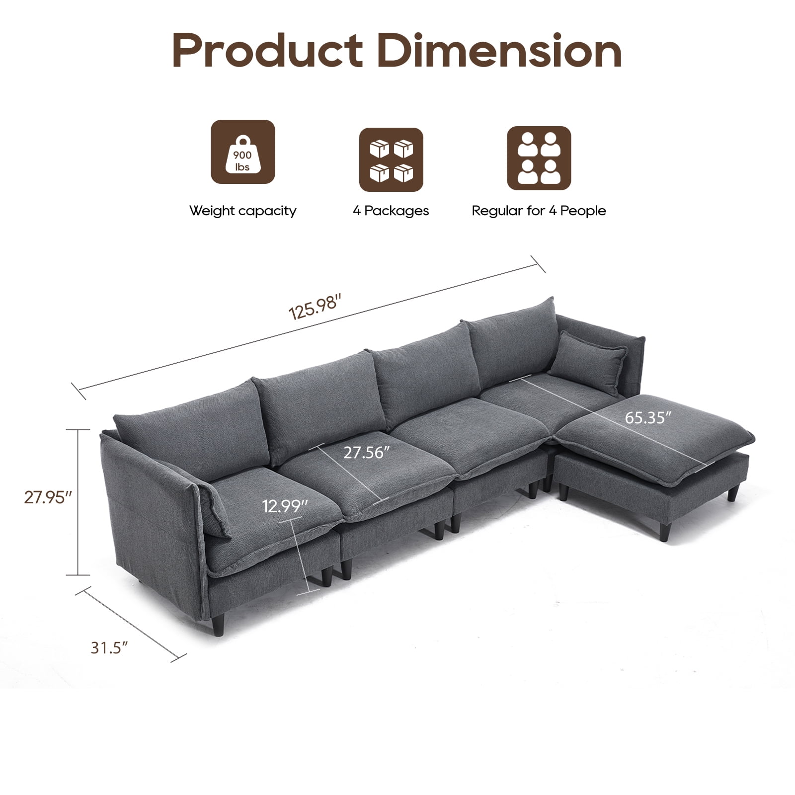 JONPONY 126 L-Shaped Sectional Sofa for Living Room, Gray